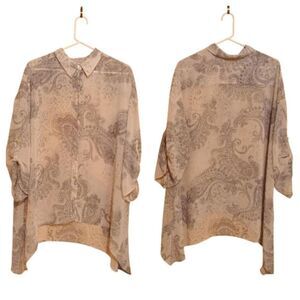 Chico's Womens 3 XL Cream Gray Paisley Button Up Shirt Tunic Blouse Hi-Low Hem